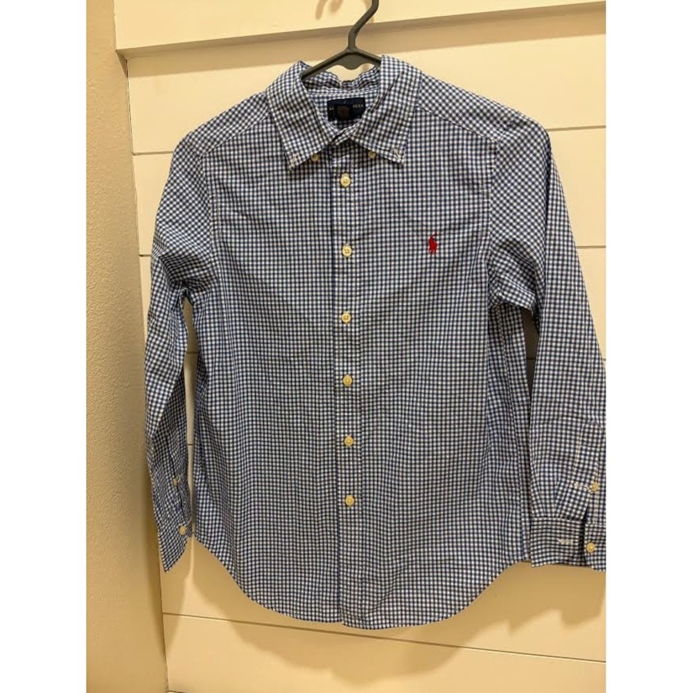 Ralph Lauren Boys Blue Gingham Button Down Shirt Size M 10-12 Cotton Long Sleeve